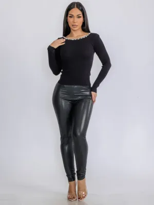 WOMEN'S LONG SLEEVE PEARL TRIM DETAILED RIBBED TOP