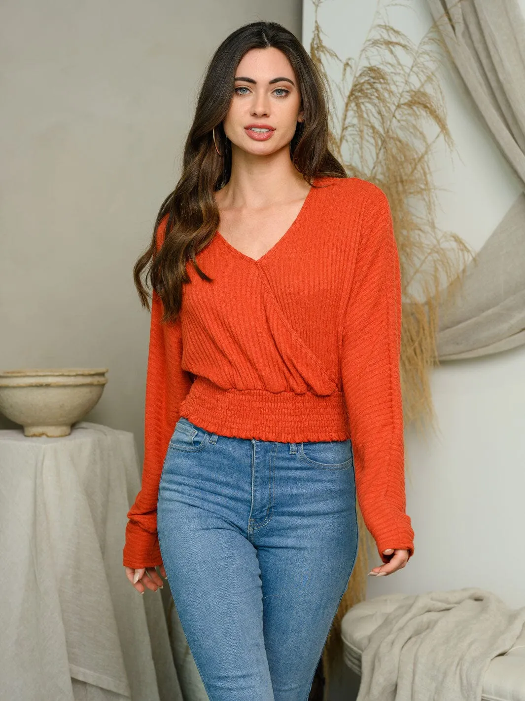 WOMEN'S LONG SLEEVE RIB KNIT SMOCK WAIST V-NECK TOP