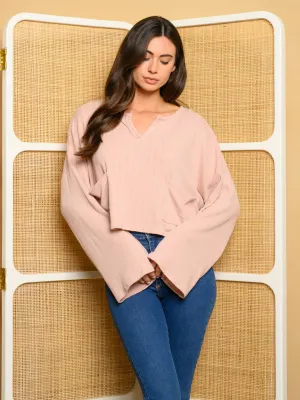 WOMEN'S LONG SLEEVE SLEEVE 2 POCKET RIBBED KNIT V-NECK TOP