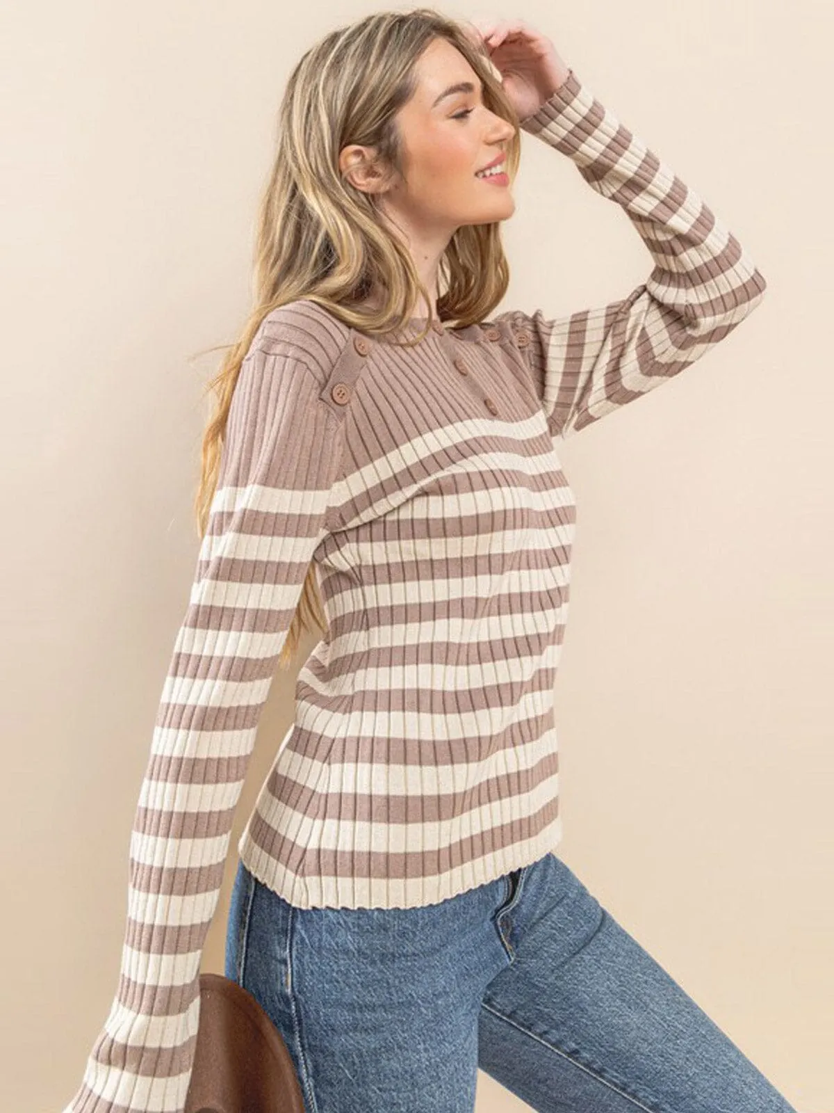 WOMEN'S LONG SLEEVE STRIPES COLORBLOCK RIBBED TOP