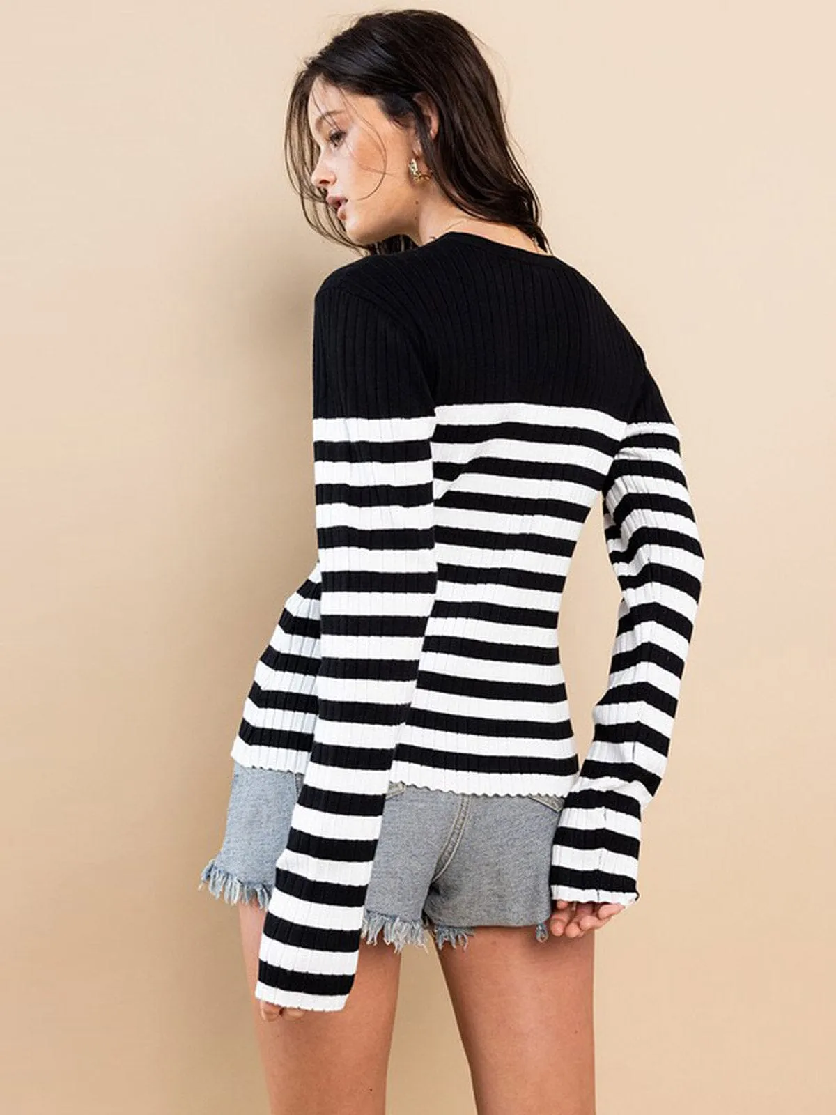 WOMEN'S LONG SLEEVE STRIPES COLORBLOCK RIBBED TOP