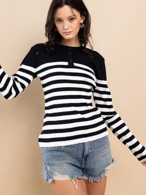 WOMEN'S LONG SLEEVE STRIPES COLORBLOCK RIBBED TOP
