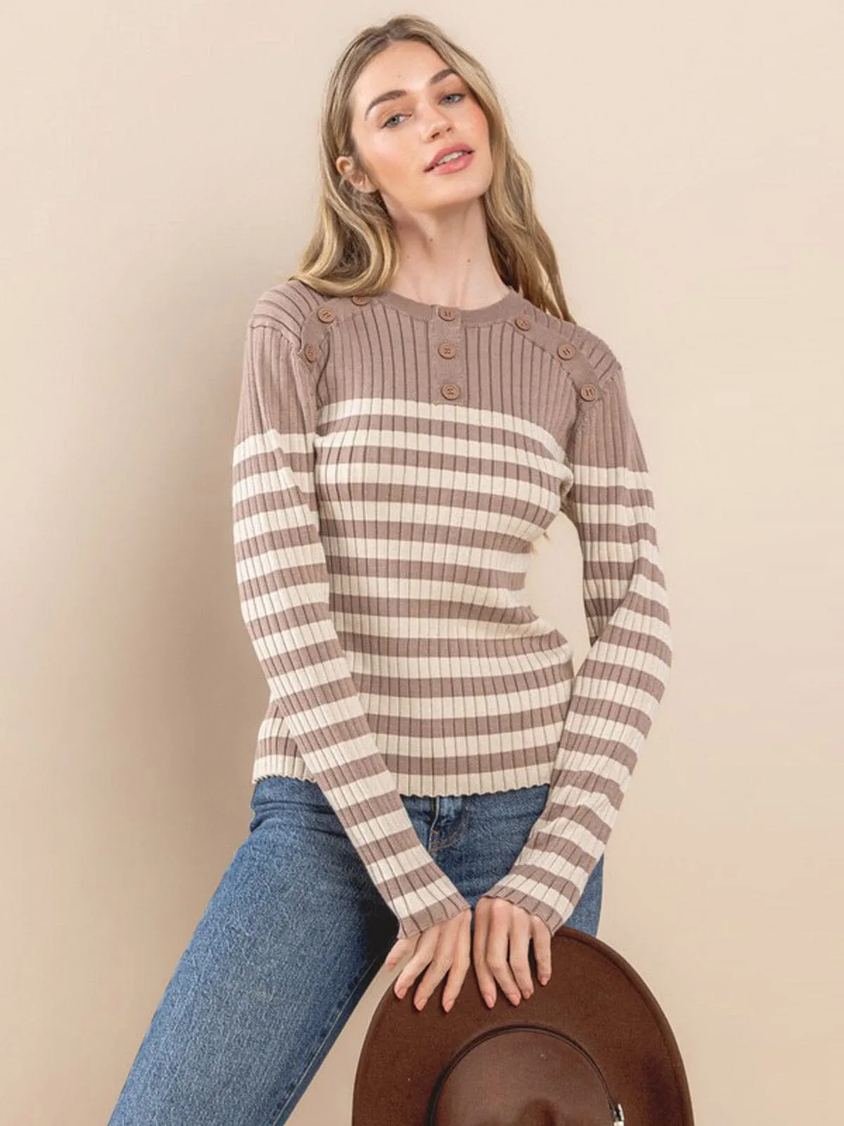 WOMEN'S LONG SLEEVE STRIPES COLORBLOCK RIBBED TOP