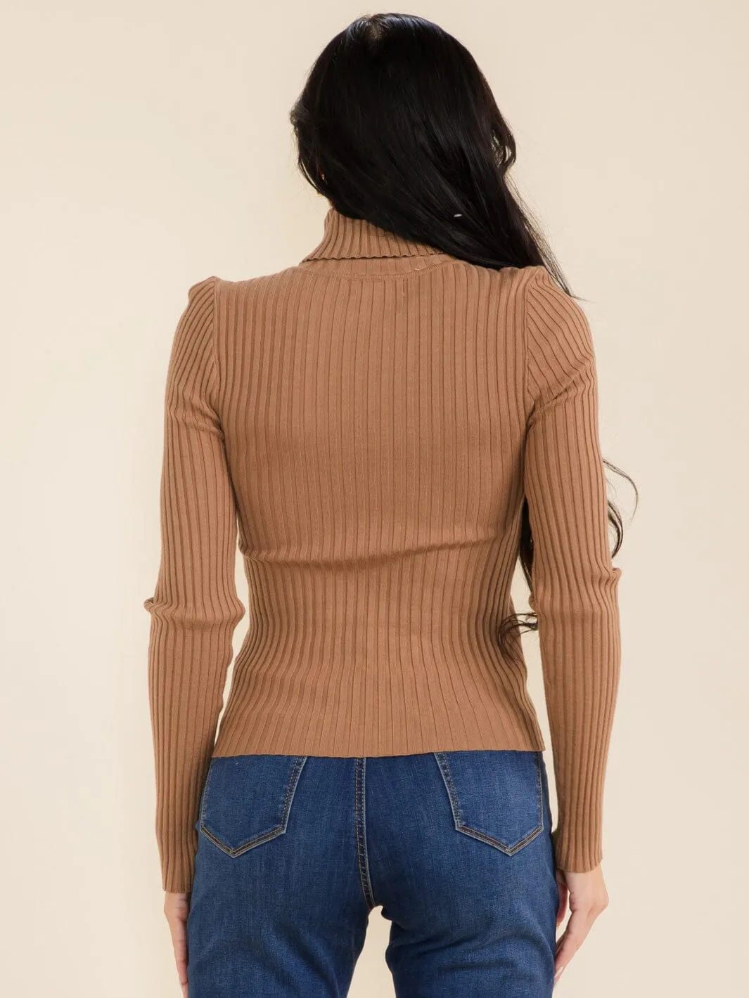 WOMEN'S LONG SLEEVE TURTLE NECK RIBBED TOP