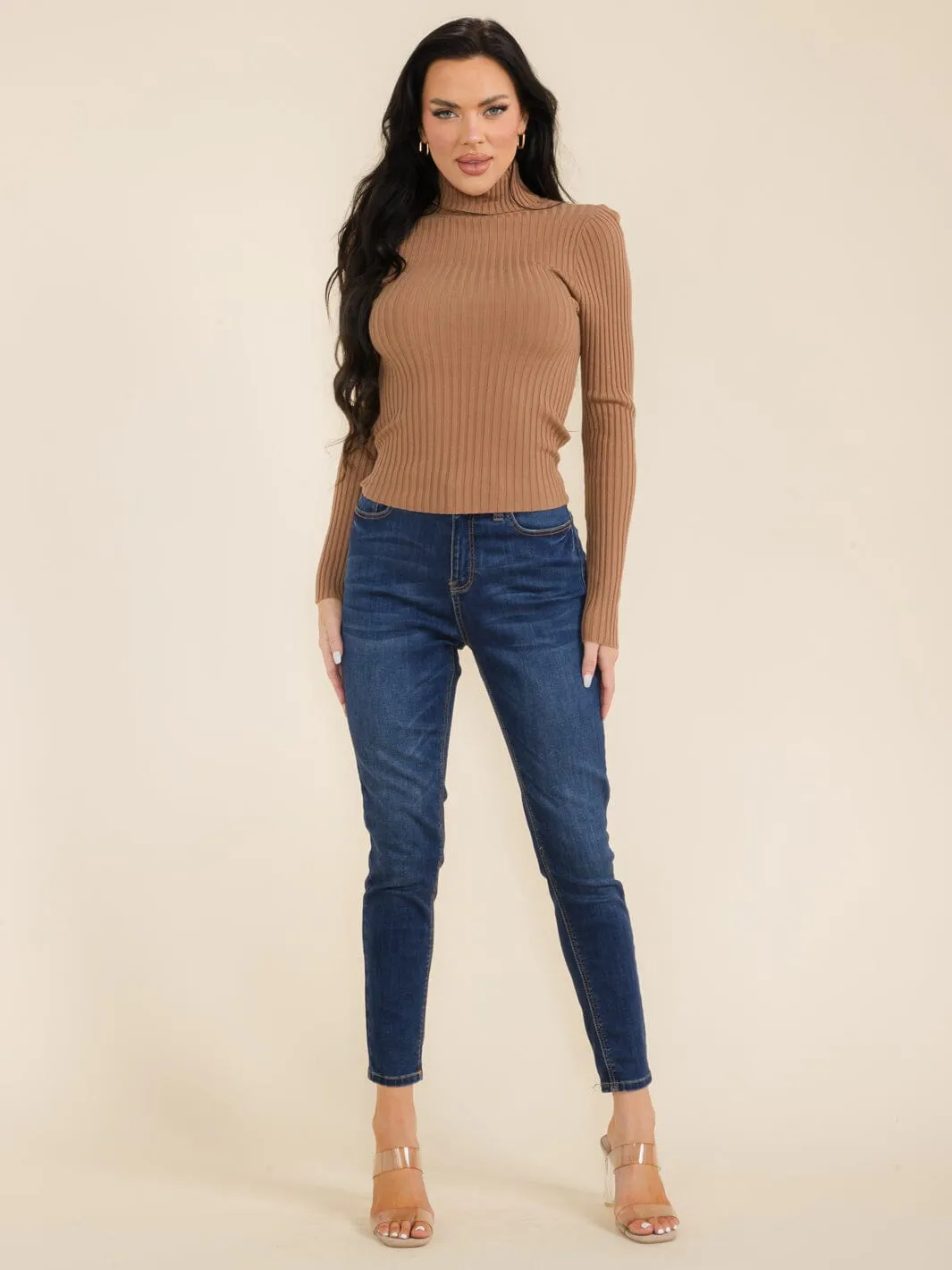 WOMEN'S LONG SLEEVE TURTLE NECK RIBBED TOP