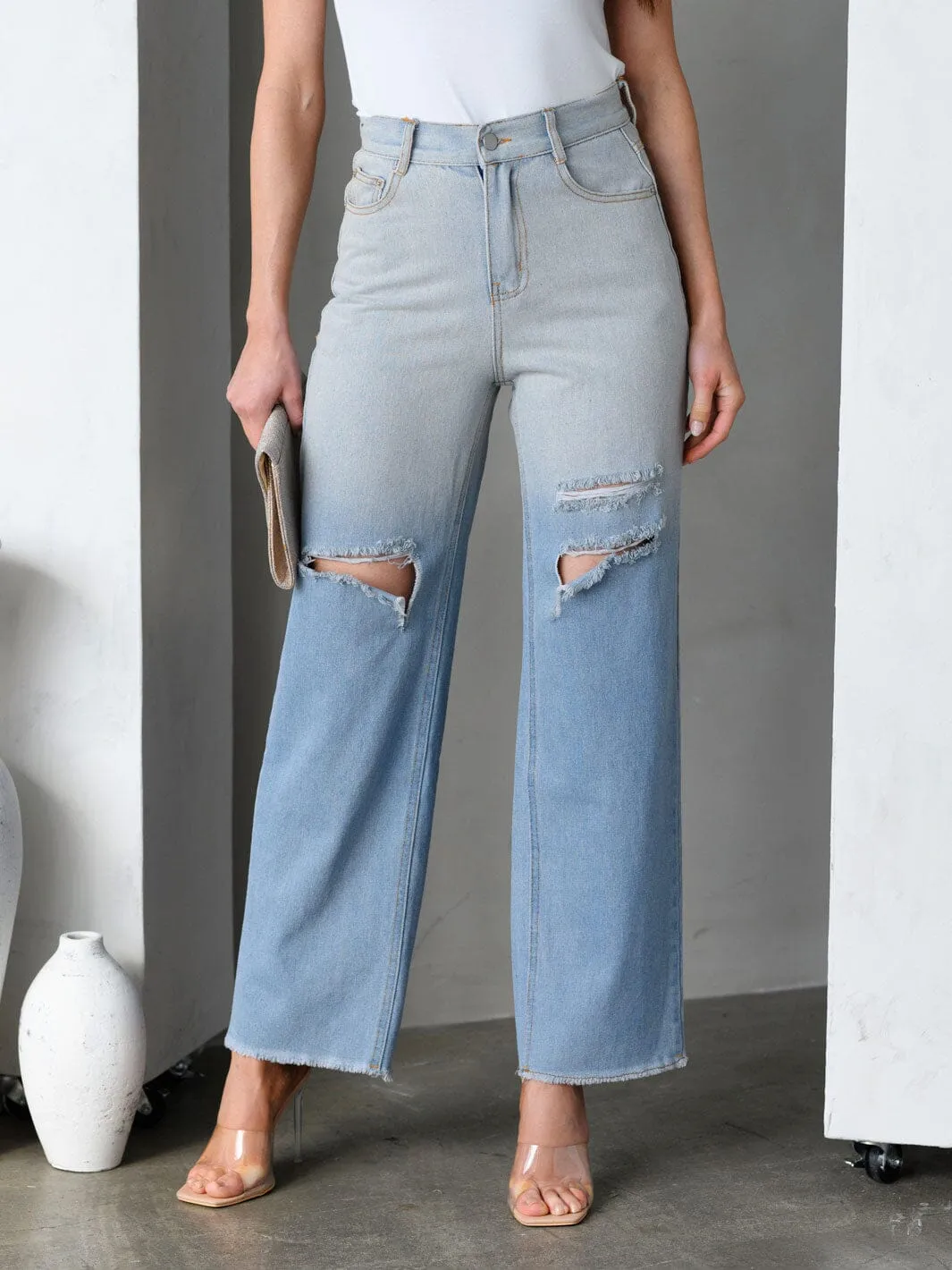 WOMEN'S OMBRE RIPPED HIGH WAIST STRAIGHT JEANS