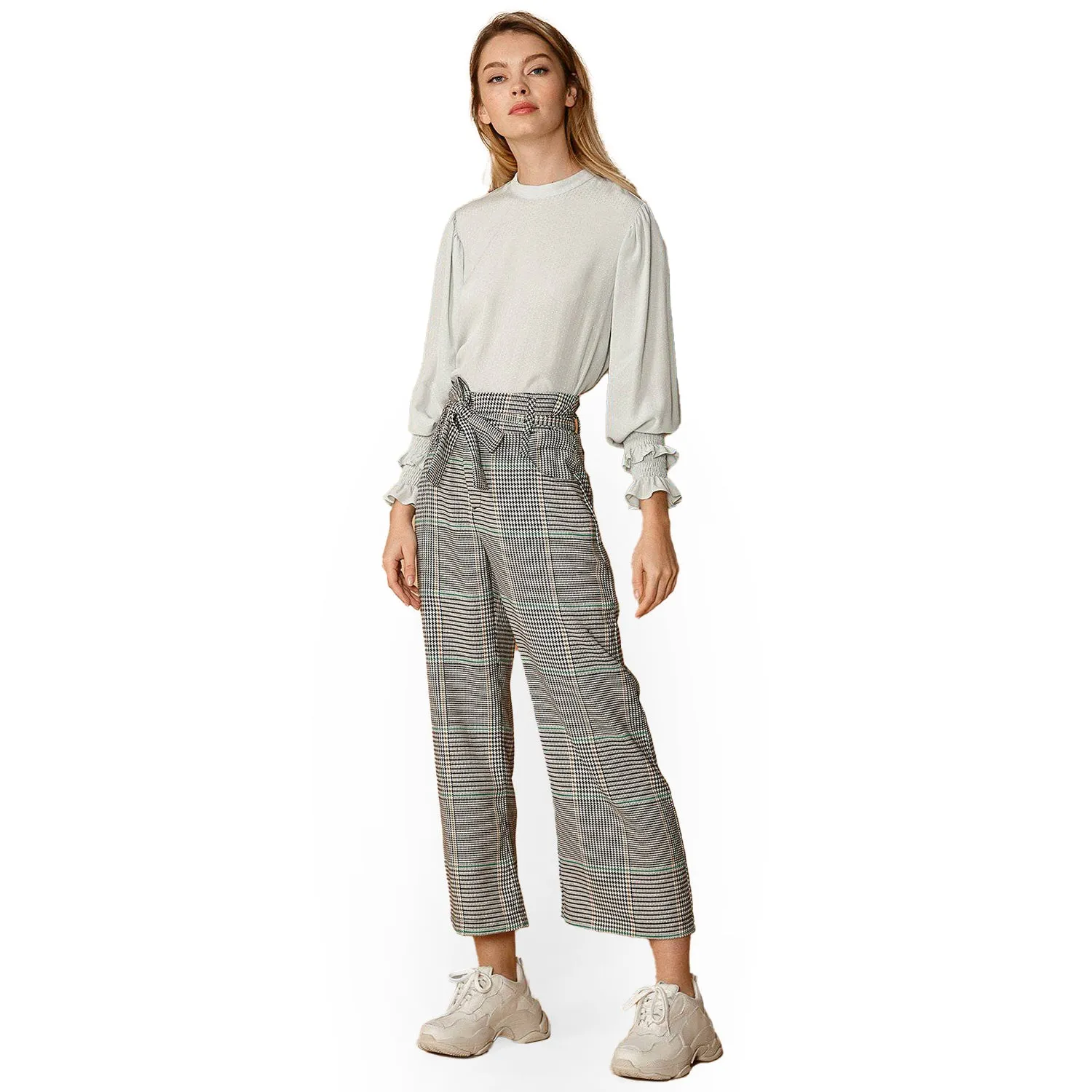 Women's Plaid Tie Waist Cropped Pants in Fall Glen