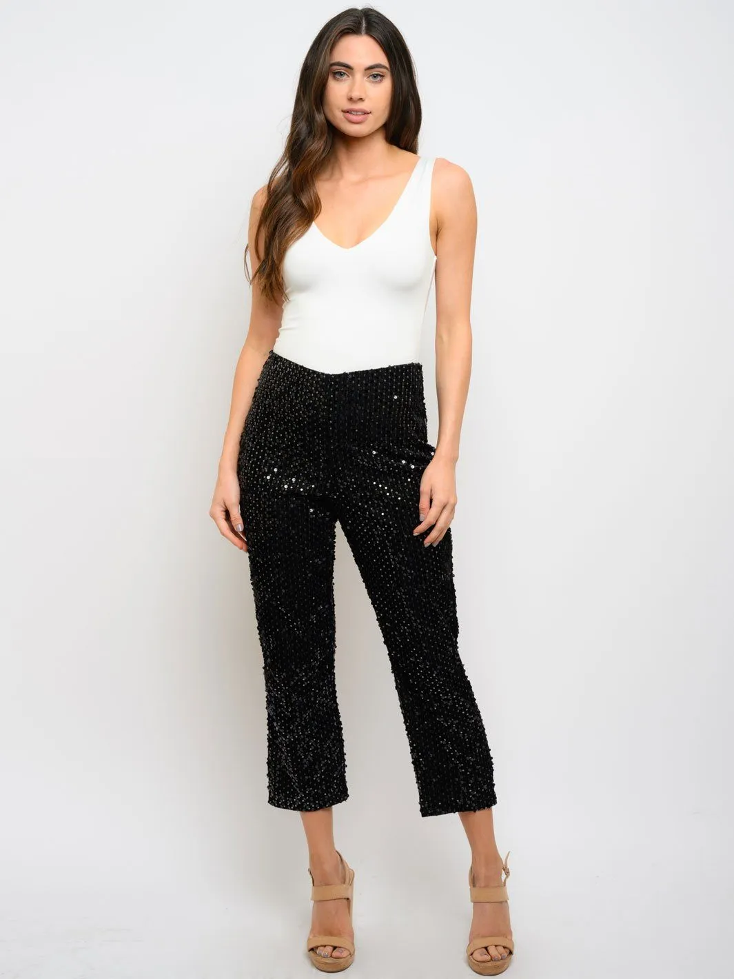 WOMEN'S SEQUINS HIGH RISE CROP PANTS
