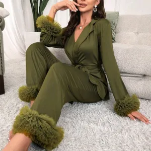 Women's Solid Color Contrast Mesh Sleeve Cuffed Top And Pants Pajama Set