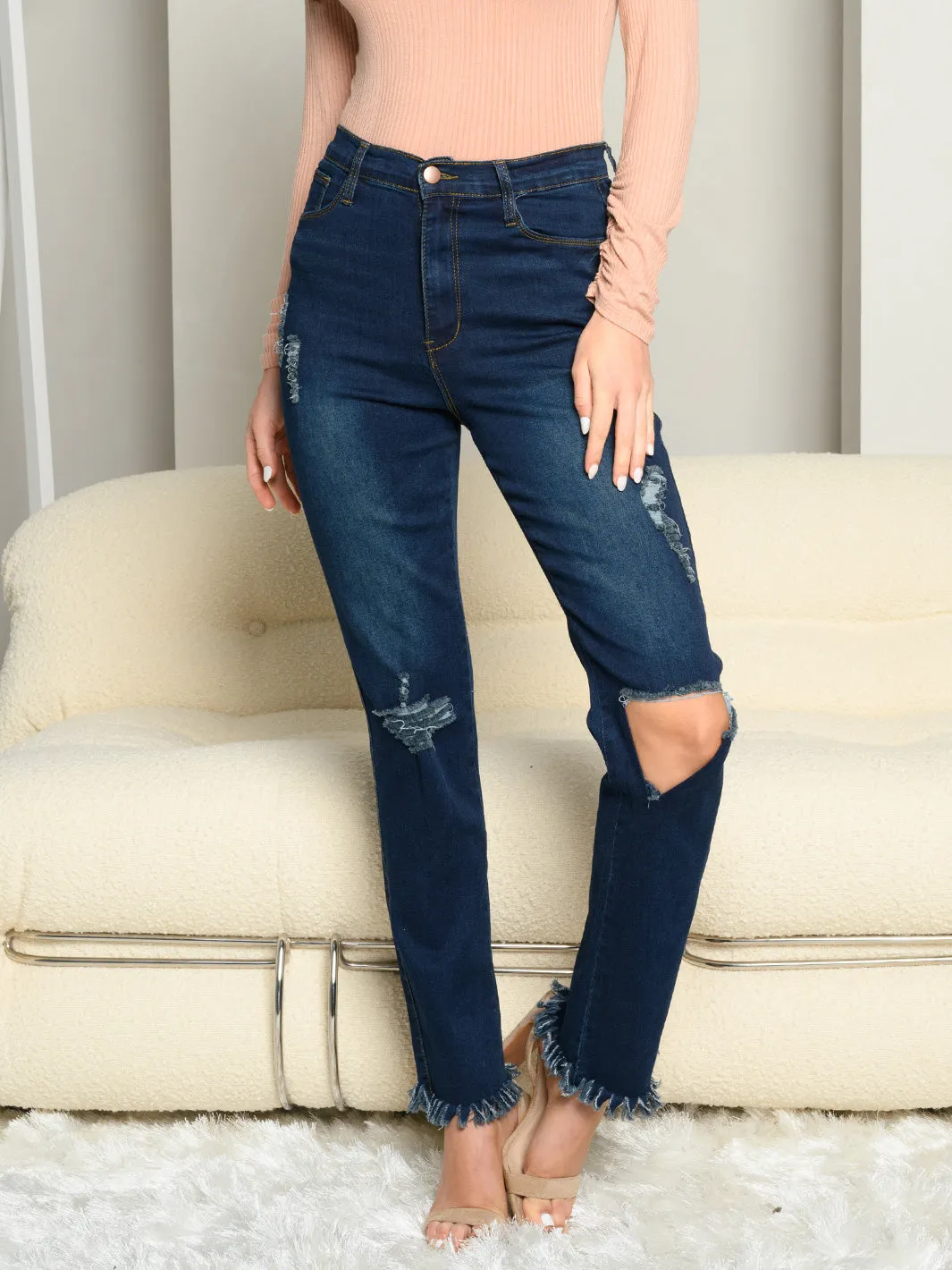 WOMEN'S STRETCH HIGH RISE DISTRESS DENIM JEANS