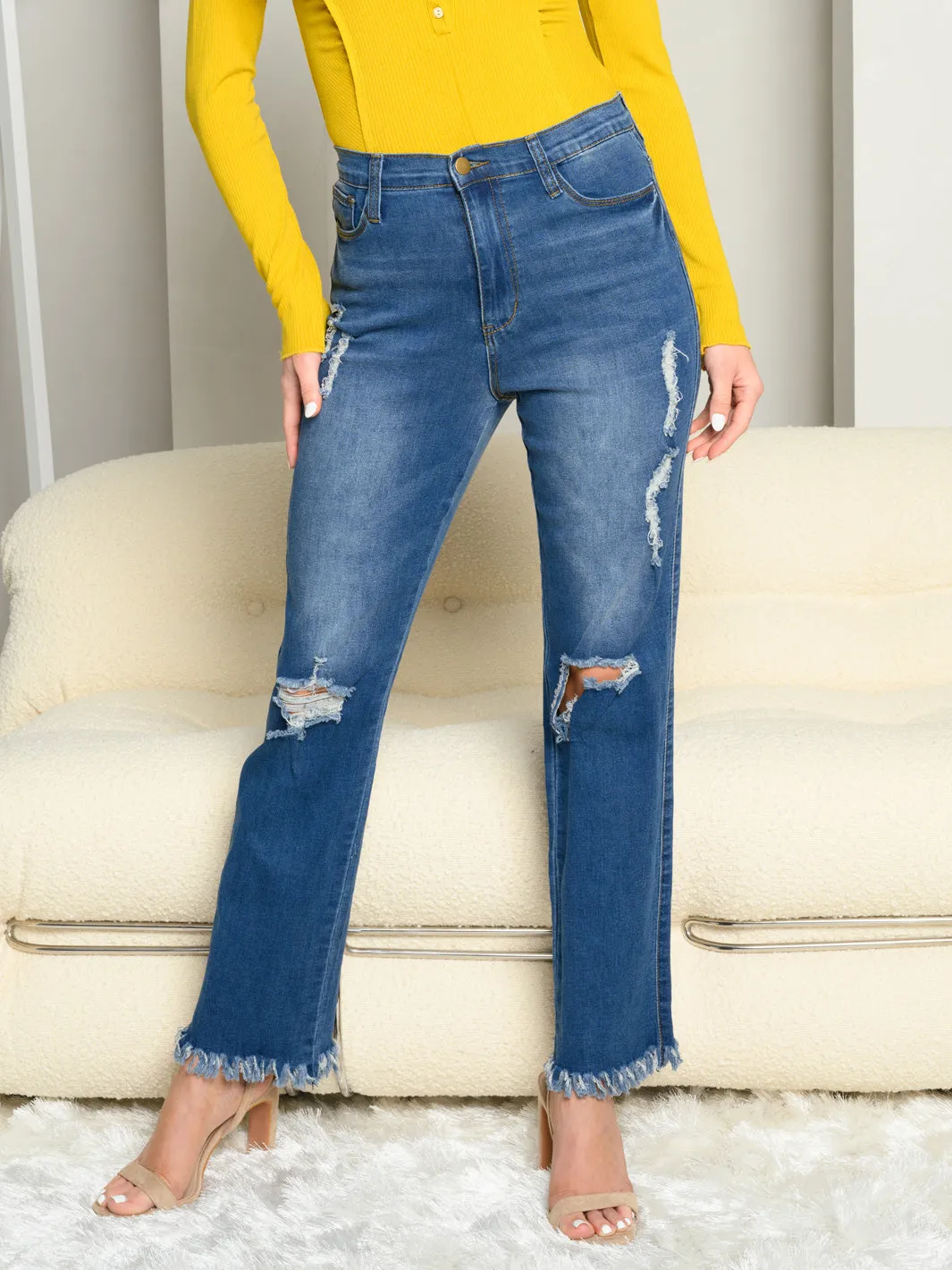 WOMEN'S STRETCH HIGH RISE DISTRESS DENIM JEANS
