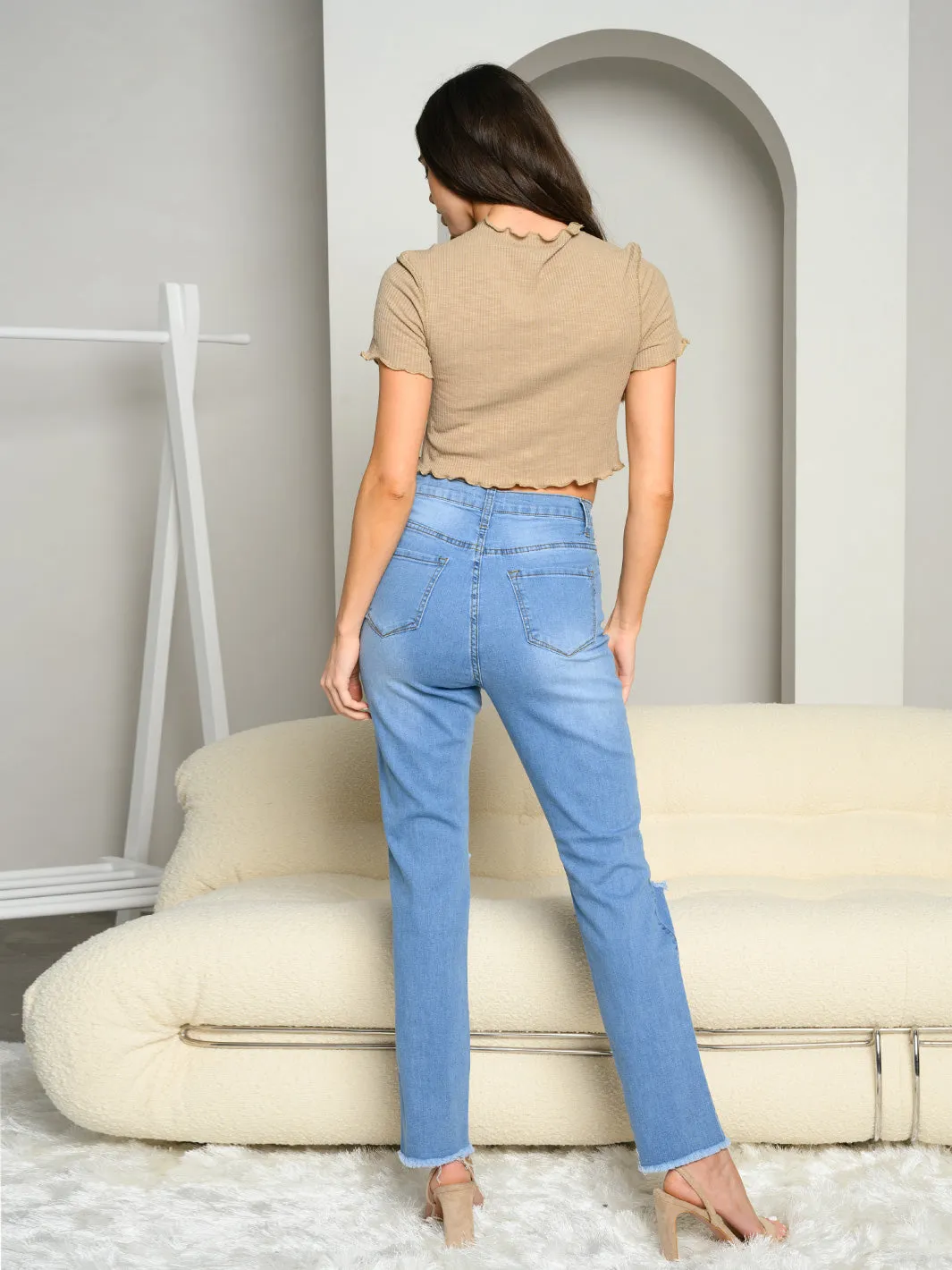 WOMEN'S STRETCH MID RISE DISTRESS DENIM JEANS