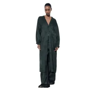 ZARA LONG KIMONO SET SATIN EFFECT BLACK M-L HIGH WAIST PANTS sz XS 2731/288/518