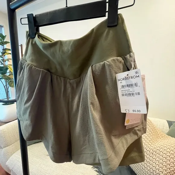 Zella Layered Running Shorts With Pockets XS Olive Green