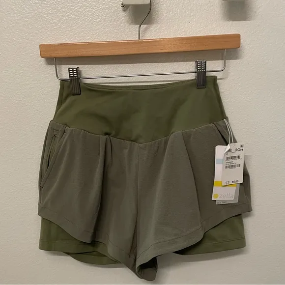 Zella Layered Running Shorts With Pockets XS Olive Green