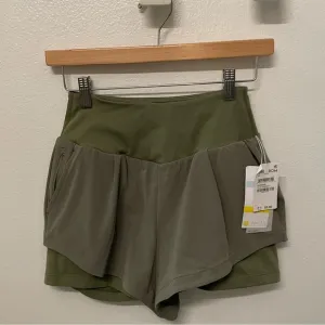 Zella Layered Running Shorts With Pockets XS Olive Green